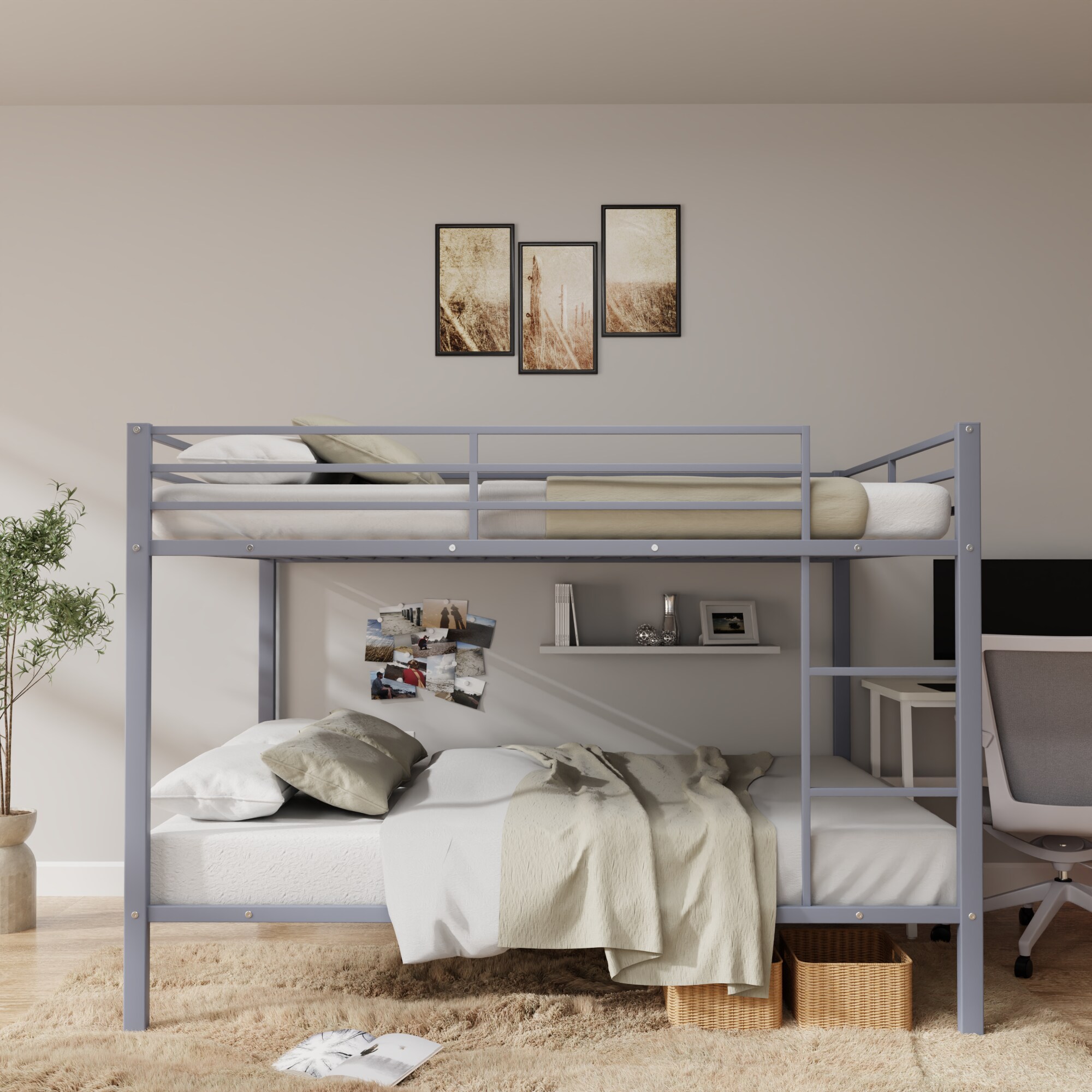 Full Over Full Bunk Bed, Heavy Duty Metal Bunk Bed Frame with Built-in Ladder and Safety Guard Rail, Low Metal Bunk Bed Frame for Kids, No Boxspring Required, For Small Spaces,Gray